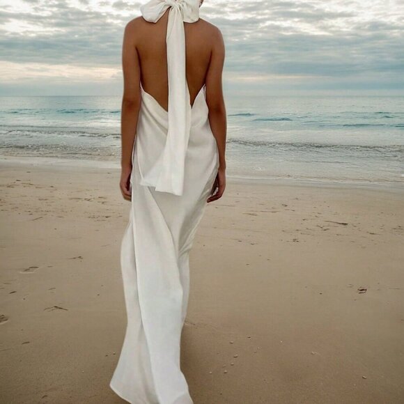 White Sexy Women's All Satin Halter Dress - Picture 2 of 6